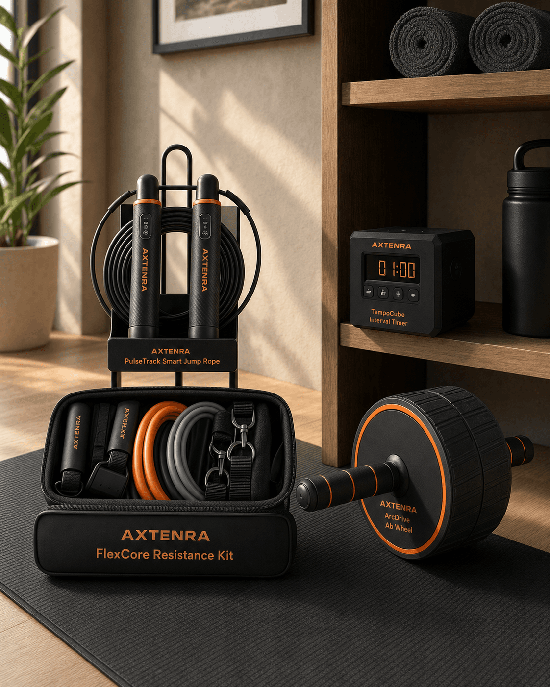 Synthetic render of Axtenra compact training gear organized in a small home space