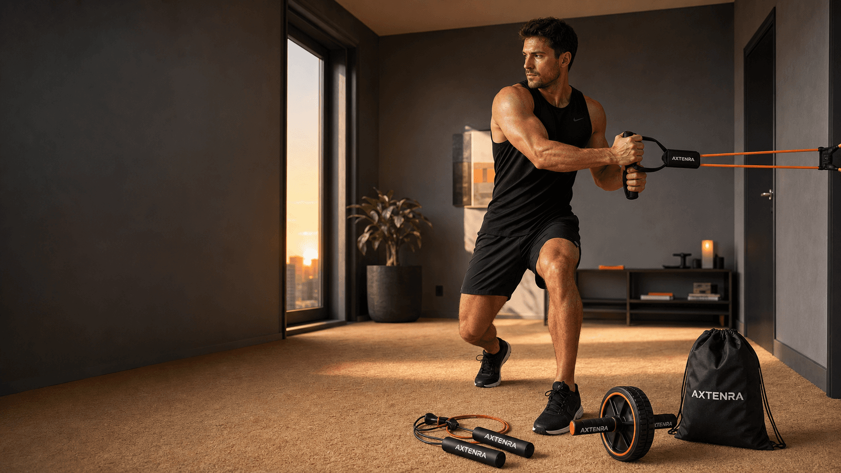 Synthetic Axtenra Fitness campaign render of compact home training gear