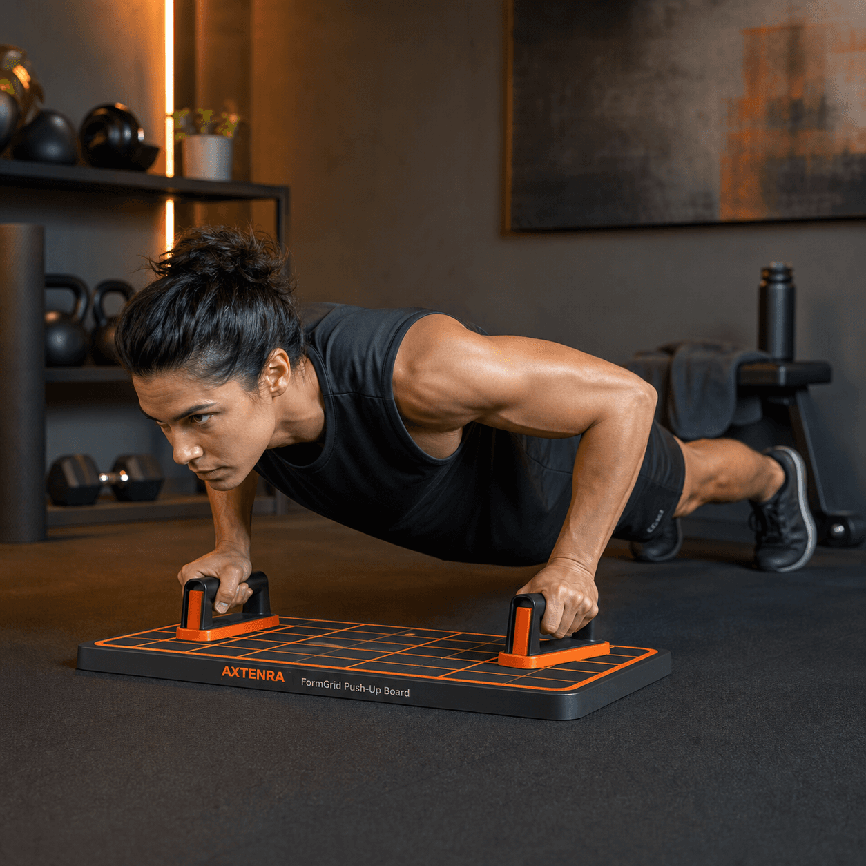 Synthetic Axtenra Fitness render of controlled push-up board training