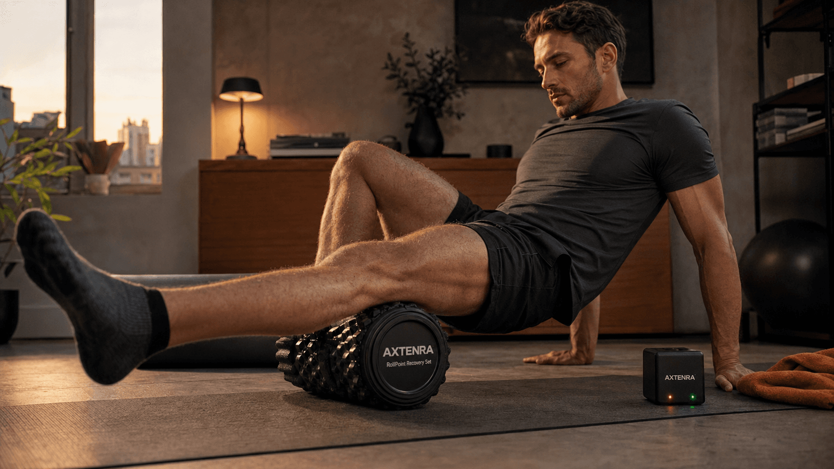 Synthetic Axtenra Fitness render of an evening recovery routine