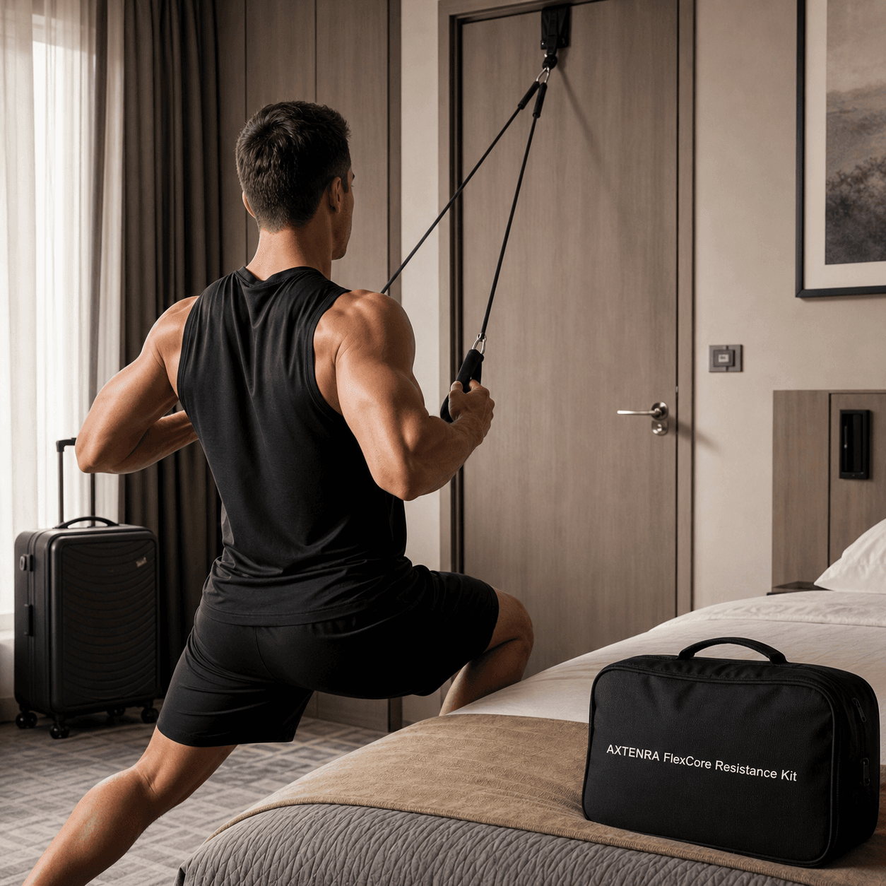 Synthetic Axtenra Fitness render of portable resistance training while traveling
